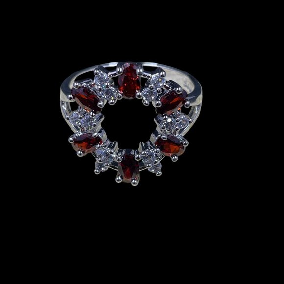 Swarovski Crystal Sterling Silver Ring Red Garnet Halo Size 9 Cocktail Ring - Picture 5 of 8